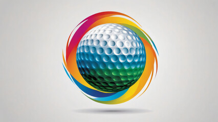 Abstract illustration of a golf ball with a colorful swirl, light gray background