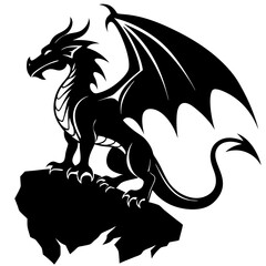 Dragon perched atop a rocky cliff, its wings unfurled vector silhouette