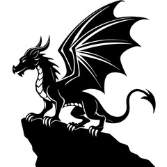 Dragon perched atop a rocky cliff, its wings unfurled vector silhouette