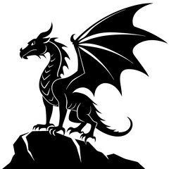 Dragon perched atop a rocky cliff, its wings unfurled vector silhouette