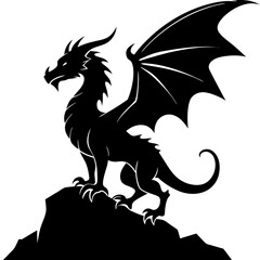 Dragon perched atop a rocky cliff, its wings unfurled vector silhouette
