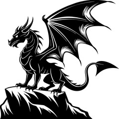 Dragon perched atop a rocky cliff, its wings unfurled vector silhouette