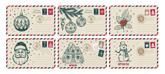 Christmas mail, postcard, hand drawn illustration.	

