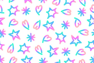 Seamless pattern with elements of holographic colors. Hearts and stars with gradient in pink and blue colors on white background. Cute pattern. Hand drawn doodles. Vector illustration.