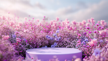 Pink podium with summer flower garden, Cosmetics podium valentine easter gift