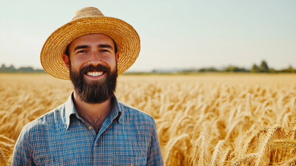 Fototapeta premium Smiling bearded farmer in a straw hat standing in a golden wheat field under a clear sky. Perfect for agricultural advertisements, rural lifestyle features, and farming blogs