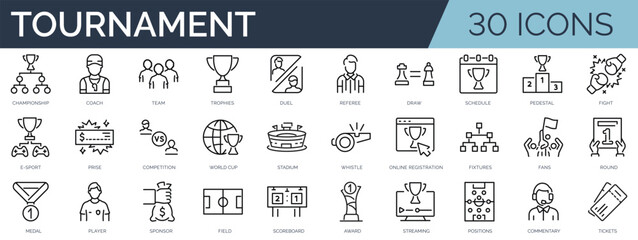 Set of 30 outline icons related to competition, tournament. Linear icon collection. Editable stroke. Vector illustration