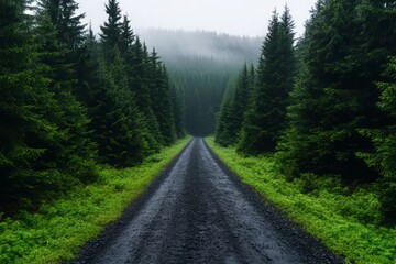 Fototapeta premium A scenic pathway surrounded by lush green trees, inviting exploration in a tranquil, misty forest environment.