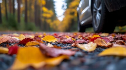 A scenic view of autumn leaves scattered on a tranquil road, with a car in the background showcasing the beauty of fall.