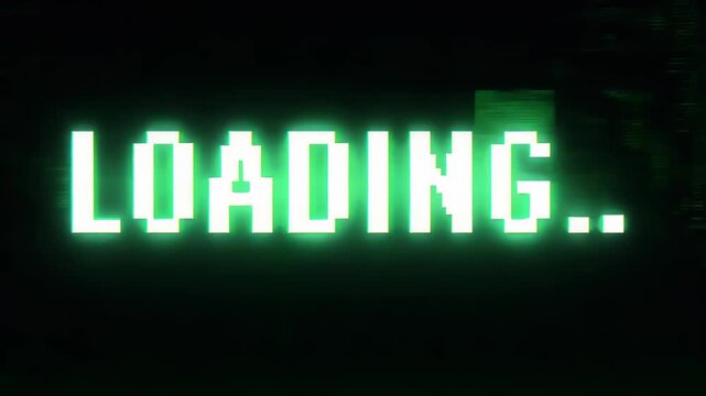 Retro animation of glowing green text LOADING with glitch effect on black background. 8 bit game progress screensaver. Comic style computer letters. Game design interface, console screen concept