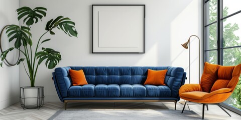 Fototapeta premium Modern Scandinavian Living Room with Blue Sofa and Orange Lounge Chair Facing a White Wall Adorned with Art Frames