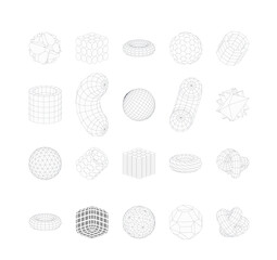 Collection of abstract geometric wireframe y2k shapes. Abstract futuristic design.