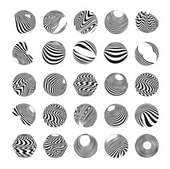 Optical art spheres in black and white striped patterns on white background, hypnotic designs.