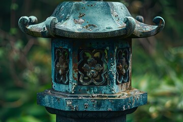 Fototapeta premium Weathered Japanese Lantern Surrounded by Lush Greenery