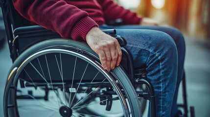 Obraz premium A close-up of a person in a wheelchair, wearing a maroon sweater and blue jeans, gripping the armrest