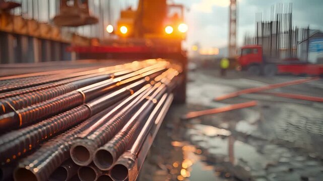Close-up of steel rebar at a construction site, with a crane and workers in the background.