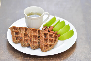 waffle with apple and tea or riceberry waffle , Chocolate Banana Whole Wheat Waffle and almond