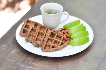 waffle with apple and tea or riceberry waffle , Chocolate Banana Whole Wheat Waffle and almond