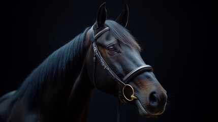 A close-up portrait of a dark horse wearing a bridle against a black background