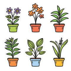 Six potted plants colorful vector illustration isolated white background. Handdrawn houseplants flowerpots collection cartoon style home decor
