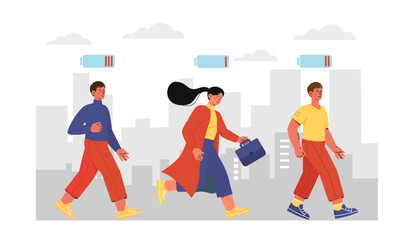 People with fatigue. Men and girl with low energy levels walk down street. Citizens suffer from emotional burnout. Negative feelings and emotions. Flat vector illustration