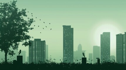 Naklejka premium Minimalism illustration, silhouette of a metro city park with modern sculptures and tall buildings, flat illustration on muted green background, empty copy space, lofi style illustration