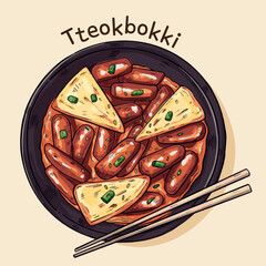 Hand drawn top view Korean Rice cake Tteokbokki Food Vector illustration