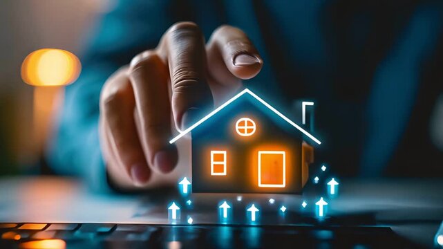 Hand reaching out to glowing house icon, representing real estate, home ownership, and family.