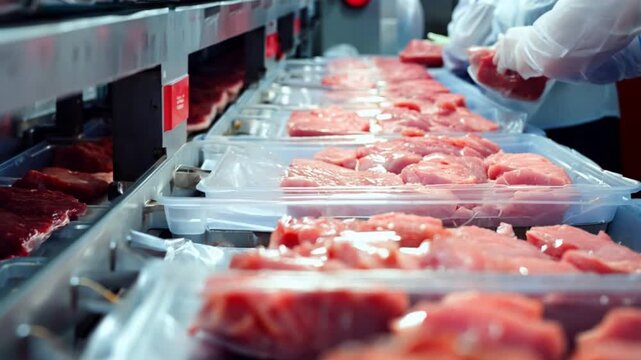 Meat factory worker pack the meat into the plastic foil on the machine at food factory.