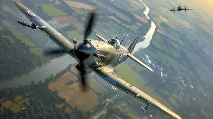 Vintage World War II Spitfire Fighter Plane in Flight