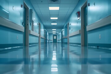 Obraz premium Serene Hospital Corridor with Reflective Floors and Soft Blue Walls