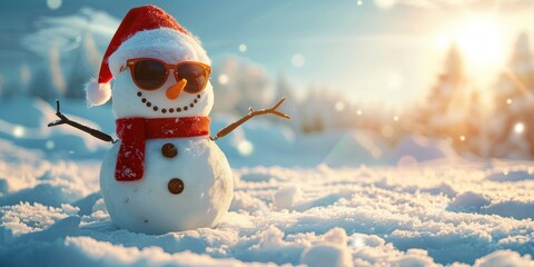 Concept - happy snowman with sunglasses and santa hat in the north pole snow on Christmas day, Generative AI 