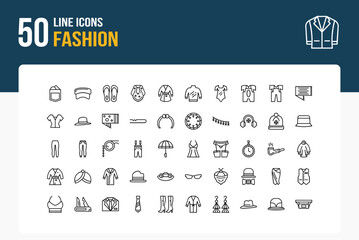 Set of 50 Fashion icons related to Pocket Square, Sun Visor, Flip Flop, Poncho Line Icon collection