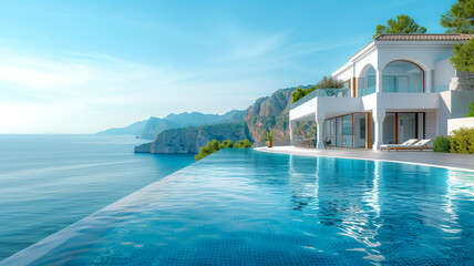 Fototapeta premium Traditional Mediterranean house with swimming pool on the hill with sea views. Summer vacation background