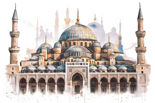 Watercolor Marrakesh skyline mosque, university, masjid, Mazar, abstract, Islamic and Amina painting Abstract background.
