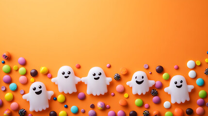 Obraz premium Cheerful Halloween Ghosts and Colorful Candy Decor on Solid Background