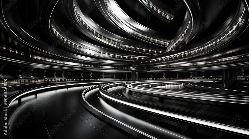 Poster Photos of car tracks in motion, in futuristic architectural style, chrome metal, silver curves