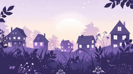 Fototapeta premium Minimalism illustration, silhouette of a quaint village with cottages and gardens, flat illustration on light lavender background, empty copy space, lofi style illustration 
