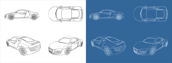 vector race car line art draw blueprint from all view top corner side back isolated in transparent background