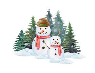 Funny snowman couple on snowy ground with fir trees. Painted vintage style illustration. Hand drawn smiling two snowman in winter forest scene. Traditional winter snow decoration. White background