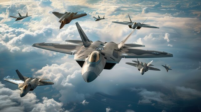 F-22 Raptor Fighter Jets Flying in Formation Over Clouds