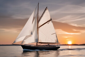 Fototapeta premium A sailing yacht against the backdrop of a breathtaking sunset reflected in calm waters, creating an atmosphere of freedom and privacy