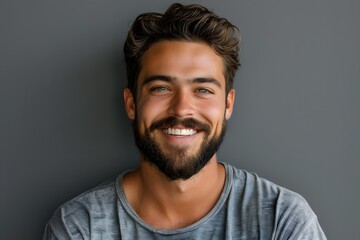 Obraz premium Smiling Man with Beard Against a Gray Background