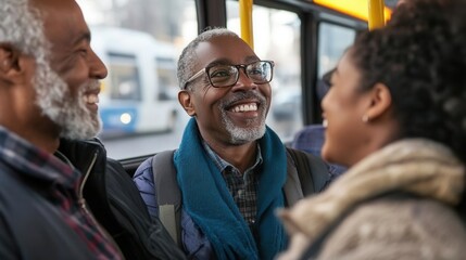 Bus drivers and passengers exchanging smiles