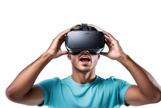 surprised man using virtual reality headset white background high resolution high details vibrant