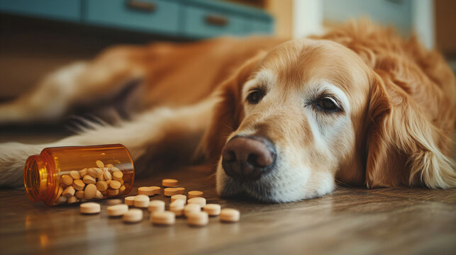 sick lying golden retriever needs tablets