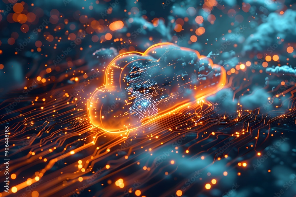 Poster futuristic cloud computing concept with glowing data streams