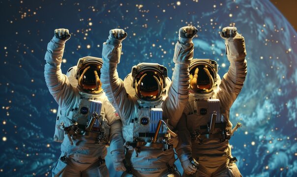 three astronauts in space celebrating victory with raised hands, full body shot against an earth background
