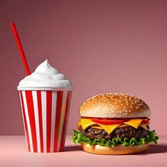 Classic burger with a cup of drink perfect for restaurant branding and advertisement