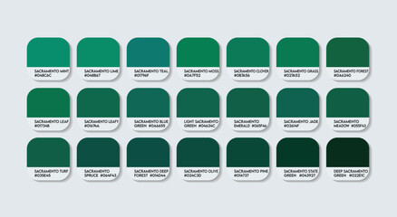Sacramento Color Palette, Sacramento Color Guide Palette with Color Names. Catalog Samples of Green with RGB HEX codes and Names. Dark Green Colors Palette Vector, Fashion Trend Sacramento Green Color